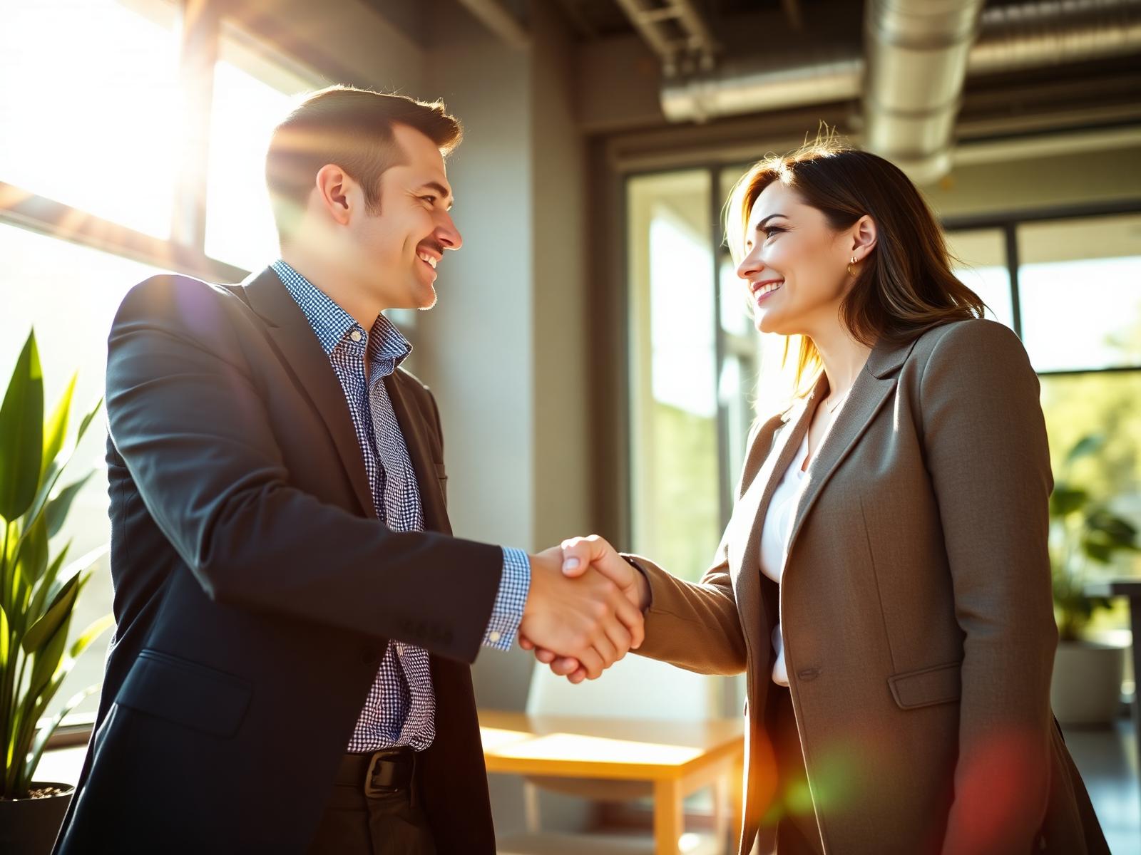 Two people meeting in a sunlit office